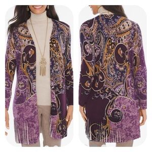 Chico’s Paisley Scroll Print Pleated Cardigan Sweater Purple Gold Size XL